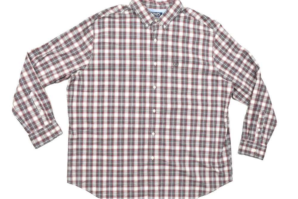 Chaps Mens 2XB Shirt Long Sleeve Button Down Red White Plaid Stretch Easy Care